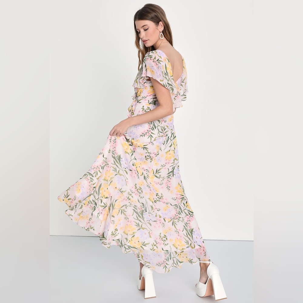 NWT Lulus Elevated Sweetie Light Pink Floral Ruffled High-Low Wrap Dress